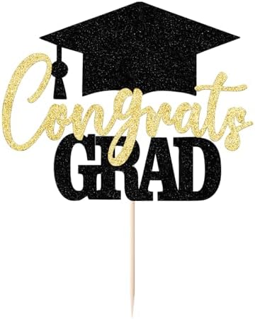 Glitter Congrats Grad Cake Topper, 2026 Graduation Party Decorations - High School College Congrats Grad Party Cake Decorations Supplies (black gold)