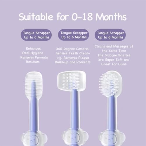 PandaEar 3 Pack Silicone Toddler Toothbrushes 0 to 18 Months, Baby Tongue Cleaner + U-Shaped ToothScrubber + First Toothbrush Teething, Gum Oral Cleaner