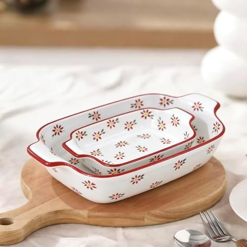 Domini Casserole Dishes for Oven, Ceramic Baking Dishes for Oven Set of 2, Lasagna Pan Deep, Fresh Spring Summer Floral Ceramic Baking Pan Set Square Casserole Dish Set with Handles for Baking, Pattern Flower(13.6+9inch)