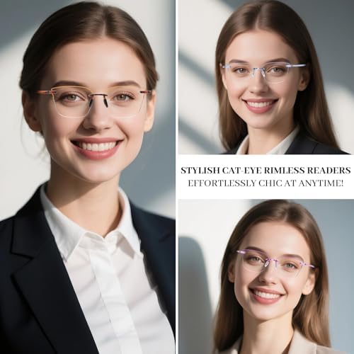 LUFF Blue Light Blocking Reading Glasses Women 3 Pack, Cat Eye Rimless Readers Lightweight Computer for Digital Eye Strain