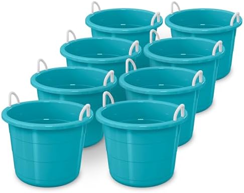 Life Story 8 Pack Open Storage Bucket, Round Plastic Container with Rope Handles, 17 Gallon, Teal