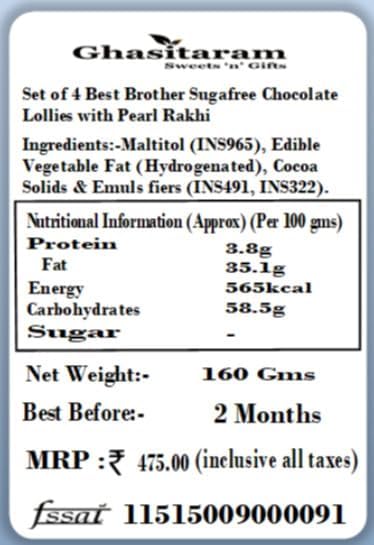 Ghasitaram Gifts Rakhi Gifts for Brothers Set of 4 Best Brother Sugafree Chocolate Lollies with Pearl Rakhi