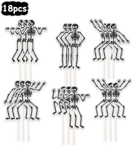 Skeleton Cupcake Toppers - 18pcs Halloween Skull Party Cupcake Picks - Happy Halloween Nightmare Before Xmas Party Decorations -Gothic Birthday Cake Decor