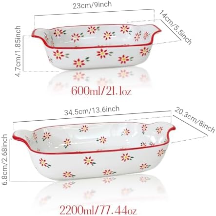 Domini Casserole Dishes for Oven, Ceramic Baking Dishes for Oven Set of 2, Lasagna Pan Deep, Fresh Spring Summer Floral Ceramic Baking Pan Set Square Casserole Dish Set with Handles for Baking, Pattern Flower(13.6+9inch)