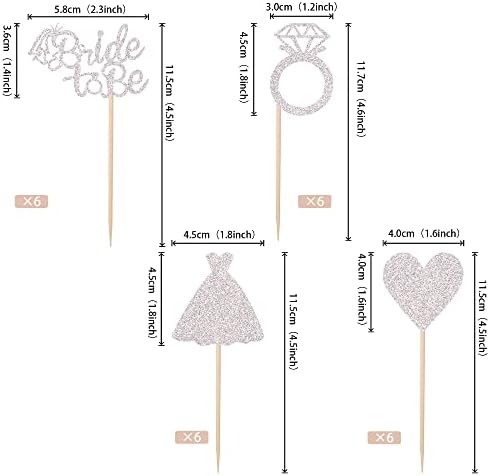 24 PCS Bride to Be Cupcake Toppers with Heart Ring Dress Bridal Shower Cupcake Picks Wedding Engagement Bachelorette Party Cake Decorations Supplies Silver