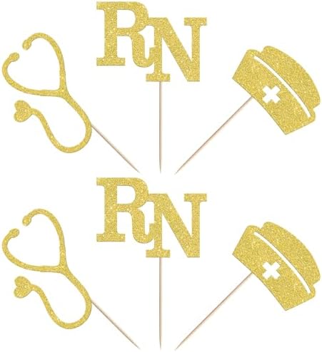24 PCS Nurse Cupcake Toppers Gold Glitter Nurse Cap Stethoscope Cupcake Picks Nursing School Graduation Cupcake Decorations for Medical Rn Themed Baby Shower Birthday Party Cake Decorations Supplies