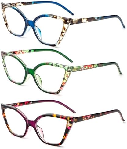 DXYXYO Cat Eye Reading Glasses for Women 3 Pack Anti Blue Light Computer Readers Stylish Retro with Spring Hinge