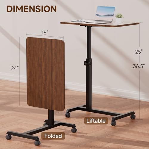COMHOMA Adjustable Overbed Bedside Table with Lockable Wheels, Foldable Mobile Rolling Laptop Desk, Height Adjustable Standing Desk Bed Table for Hospital and Home Use, Walnut