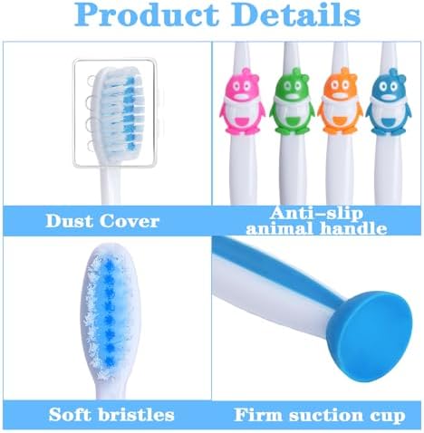 100 Pack Kids Toothbrush Soft Bristles Toddler Cute Toothbrush Bulk with Suction Cup, Includes Travel Covers, Individually Wrapped Toothbrushes for Kid Home School Daycare Camp (Penguin)