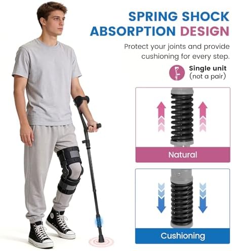 Ergonomic Forearm Crutches Spring Assist Crutches for Adults,Comfortable and Height Adjustable Arm Crutches Forearm with Anti-Slip Base,Walking Crutches with Cuffs, Not a Pair (Black)