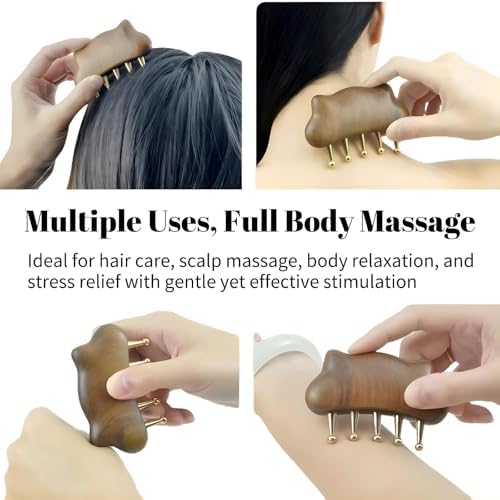 Sandalwood Meridian Massage Comb, 5 Copper Wide Tooth Design, Natural Wood Handle, for Scalp Acupuncture, Hair Growth, Body Relaxation, Travel Size