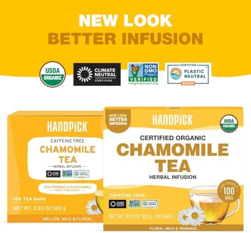 HANDPICK, Organic Chamomile Tea Bags (100 Herbal Tea Bags) Caffeine Free| Premium Floral Chamomile Herbal Tea in Eco-Conscious Teabags | Direct from Source