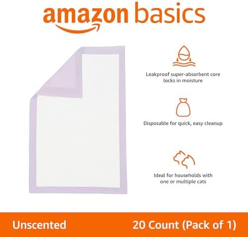 Amazon Basics Cat Pee Pads, Super Absorbent, Odor Control, Universal Fit for Litter Box, Disposable, Multi-Cat, Unscented, Purple and White, 20 Count