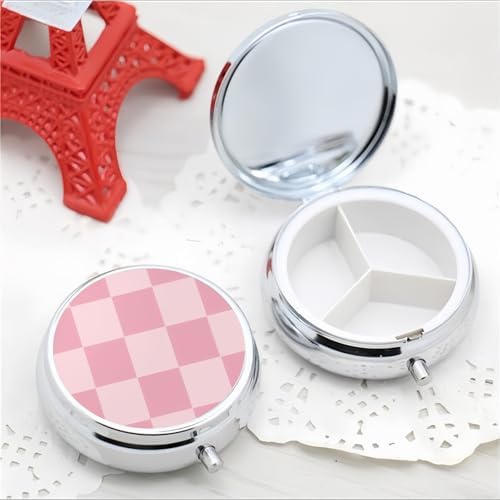Pill Box 3 Compartment Pocket Small Pill Organizer Mini Metal Pill Holder Travel Portable for Woman - Pink Checkered Pattern