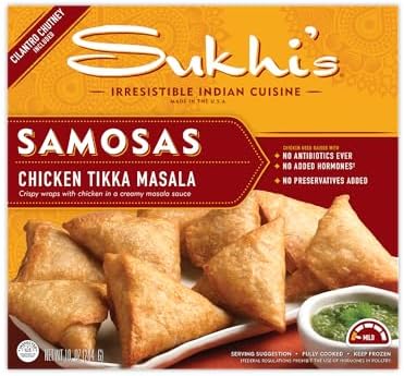 Sukhi's Indian Chicken Tikka Masala Samosa Frozen Appetizer Snack with Cilantro Chutney Dipping Sauce 10oz