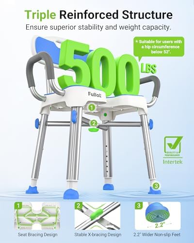 Ergonomic H-Shaped Shower Chair for Elderly and Disabled with Padded Back & Arms,500 lbs Heavy Duty Adjustable Shower Stool Seat for Easy Cleaning, Anti-Slip Bath Chairs for Bathtub