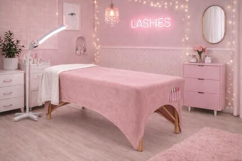 Pink Velvet Massage Table Sheet Cover – Stretchy Lash Bed & Massage Table Cover with Leg Cut-Out & Pocket – Fits 72–77” Tables – Spandex, Machine Washable