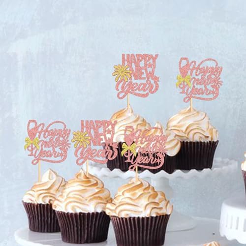 24 Pcs Happy New Year Cupcake Toppers Welcome 2026 Picks Fireworks Goblet Cupcake Toppers for Congratulations 2026 Happy New Year Eve Holiday Theme Holiday Party Decoration rose gold