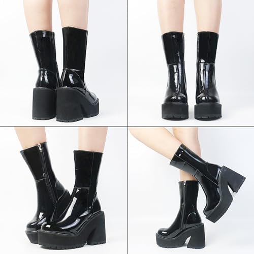 AMINUGAL Womens Wedge Heel Ankle Boots Platform Zipper Punk Motorcycle Booties Chunky Block High Heel Round Toe Fashion Work Combat Boots Mid Calf For Women
