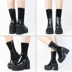 AMINUGAL Womens Wedge Heel Ankle Boots Platform Zipper Punk Motorcycle Booties Chunky Block High Heel Round Toe Fashion Work Combat Boots Mid Calf For Women