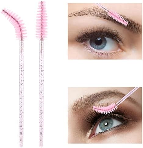 100 Pcs Disposable Mascara Wands, Crystal Eyebrow Spoolies Brush for Eyelash Extensions, Pink Lash Brushes with Container