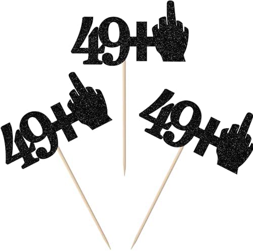 Rsstarxi 24 Pack 50th Birthday Cupcake Toppers Glitter Middle Finger 49+1 Cupcake Toppers Funny Cheers to 50 Fabulous Cupcake Picks Decors for 50th Birthday Anniversary Party Cake Decorations Black