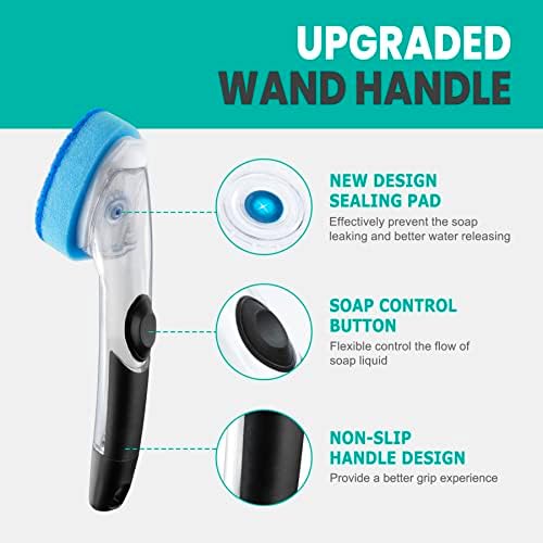 Heavy Duty Dishwand with Refills, Dish Wand Replacement Sponge Heads with Handle, Soap Control Dispenser Leak-Free Scrub, Non-Scratch Advanced Scrubber Brush Pads for Cleaning Dishes Sink Washing Tool