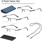 3 Pack Blue Light Reading Glasses for Men & Women, Semi-Rimless Lightweight Metal Readers, Spring Hinge Eyeglasses