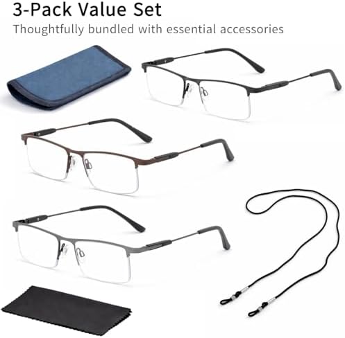 3 Pack Blue Light Reading Glasses for Men & Women, Semi-Rimless Lightweight Metal Readers, Spring Hinge Eyeglasses