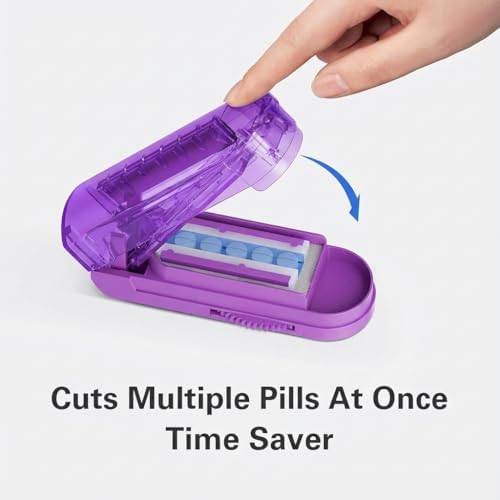 ONE PIX Pill Cutter Splitter for Small and Tiny Pills, Professional Adjustable Pill Cutter with Hidden Stainless Steel Blade, Safely Cuts Multiple Pills at Once, Purple
