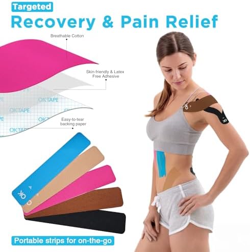OK TAPE 100Pcs Precut Kinesiology Tape Strips, Elastic Athletic Tape for Joints Support & Muscle Pain Relief, Waterproof, Kinetic Tape for Shoulder, Knee, Ankle (5 Colors, 2 inch x 10 inch)