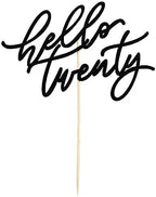 Hello Twenty Cake Topper, Happy 20th Birthday Cake Decorations, Handwriting Script 20th Anniversary Party, Black Glitter