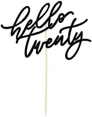 Hello Twenty Cake Topper, Happy 20th Birthday Cake Decorations, Handwriting Script 20th Anniversary Party, Black Glitter