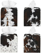Cowhide, Cow Skin Print Pattern Square Leather Tissue Box Cover - Decorative Organizer for Bathroom Vanity, Nightstand & Countertop | Non-Slip Base & Easy Refill Design