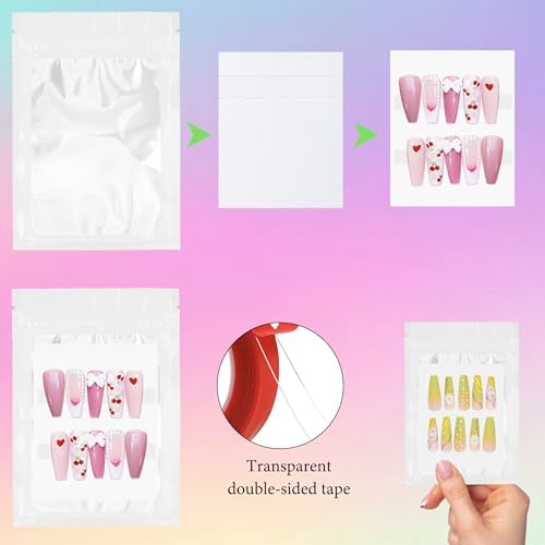 Qenk 100PCS Empty Holographic Nail Storage Bag Press on Nail Packaging Bag and 100PCS Shiny white cardboard Nail Tips Packaging Bags with 1 Roll Transparent Tape (White)