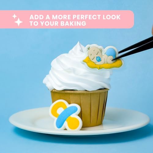 Blue Edible Baby Cake Decorations, Gender Reveal Cupcake Topper Edible, Boy Baby Shower Candy Cookies Chocolates Baking Decor, 16 pcs