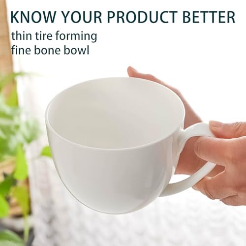 22 OZ White Bone China Soup Mugs with Handles, Large Ceramic Coffee Mugs Set of 2 for Hot Chocolate Cocoa Cereal Salads Yogurt Beverage Milk Latte Cappuccino, Dishwasher Microware Safe