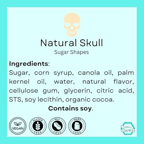 6 Dye‑Free Skull Sugar Shapes, Natural, Artificial Dye Free, Vegan Gluten‑Free Dairy‑Free, Halloween Cake and Cupcake Decorations (6)