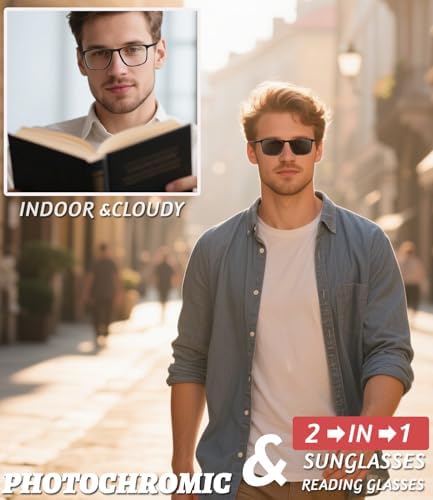 Hubeye Photochromic Reading Glasses for Men and Women TR90 Sport Reader Anti Glare UV Ray Filter （Matte black+Matte Red+Transparent，+2.0