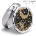 Pill Box-3 Compartment Small Pill Case, Portable Round Pill Box for Pocket or Purse, Decorative Metal Medicine Vitamin Organizer. (The Sun and the Moon)