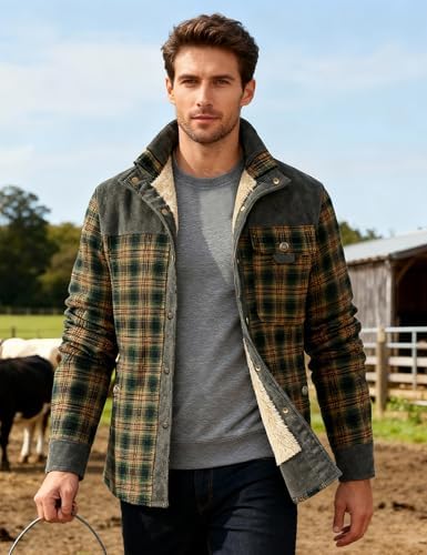 Flygo Men's Sherpa Lined Plaid Flannel Shirt Jacket Snap Button Warm Winter Jacket with Pockets