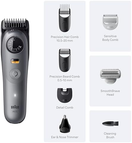 Braun Series 5 All-in-One Beard & Body Grooming Kit for Men, Cordless Trimmer, Hair Clippers & Shaver for Face, Hair & Body with Smooth Shave Head, AIO 5510