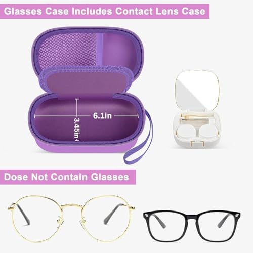 Portable 2 in 1 Contact Lens Case and Glasses Case, Traveling Contact Cases Bag Box Holder with Soak Storage Kit Included Built-in Mirror, Tweezer, Contact Lens Solution Bottle and Hand Strap-Purple