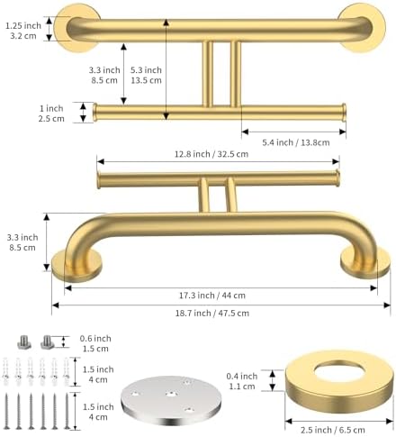 Brushed Gold Grab Bar for Bathroom 17 Inch, Zepolu Stainless Steel 2-in-1 Safety Handrail w/Double Toilet Paper Holder, Wall Mounted Balanced Support Bar Assist Handle for Senior Elderly Handicap
