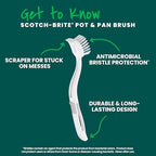 Scotch-Brite Pot + Pan Brush, Durable and Long Lasting Dish Brush with Handle for Scrubbing Stainless Steel, Outdoor Furniture, and Sinks without Scratching, Antimicrobial, and Rinses Clean