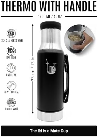 Complete Yerba Mate Kit - 1.2L Insulated Bottle with Mate System, Mate Cup, Yerba Clip Spout, Straw (bombilla), and FREE Backpack - Premium Stainless Steel Yerba Mate Set - Yerba Mate to Go