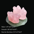 Rose Quartz Crystal Mandarin Ducks Artwork on Green Aventurine Lotus Leaf Figurine Valentines Day Gifts