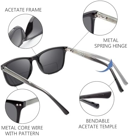 Bifocal Reading Sunglasses Men Clear Top Acetate Frame Sun Readers with Metal Core Wire UV Protection Spring Hinge