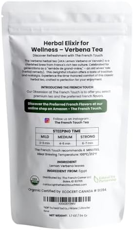 The French Touch Lemon Verbena Tea ORGANIC | 1.8g x 30 Pyramid Bags | 100% Certified USDA Organic | Plant based tea bags | Select Premium Tea (Lemon Verbena) | Vervain |Caffeine-free