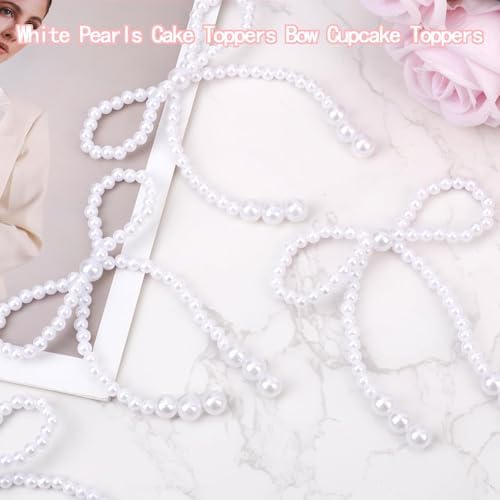 10pcs White Pearls Cake Toppers Bow Cupcake Toppers Bowknot Pearl Cake Decorations for Children's Birthday Wedding Bridal Baby Shower Bachelorette Party Supplies Flower Wrapping DIY Decoration